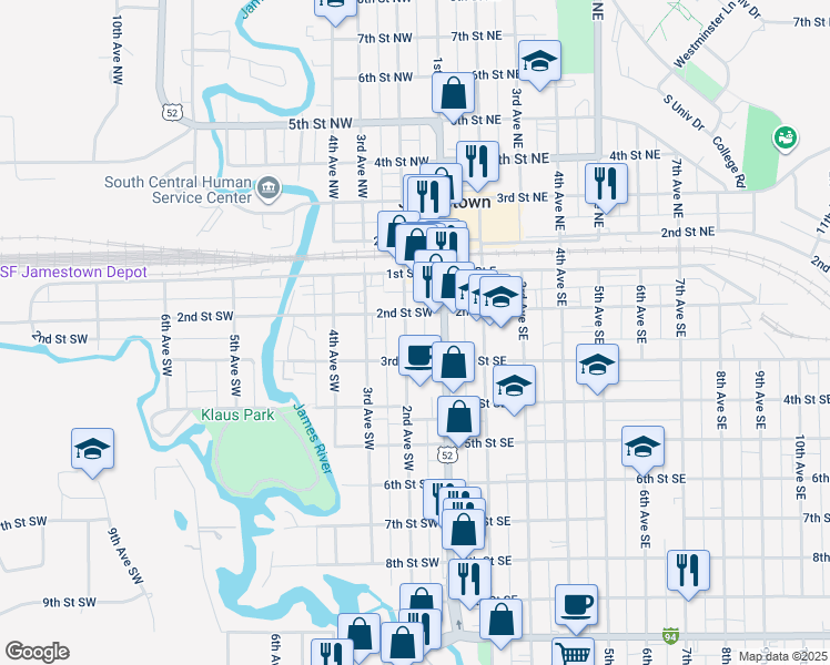 map of restaurants, bars, coffee shops, grocery stores, and more near 211 2nd Avenue Southwest in Jamestown
