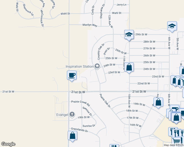 map of restaurants, bars, coffee shops, grocery stores, and more near 1300-1398 24th Street West in Dickinson
