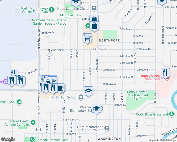 map of restaurants, bars, coffee shops, grocery stores, and more near 2102 7th Street North in Fargo