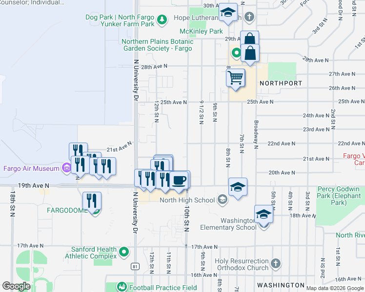 map of restaurants, bars, coffee shops, grocery stores, and more near 2018 10th Street North in Fargo