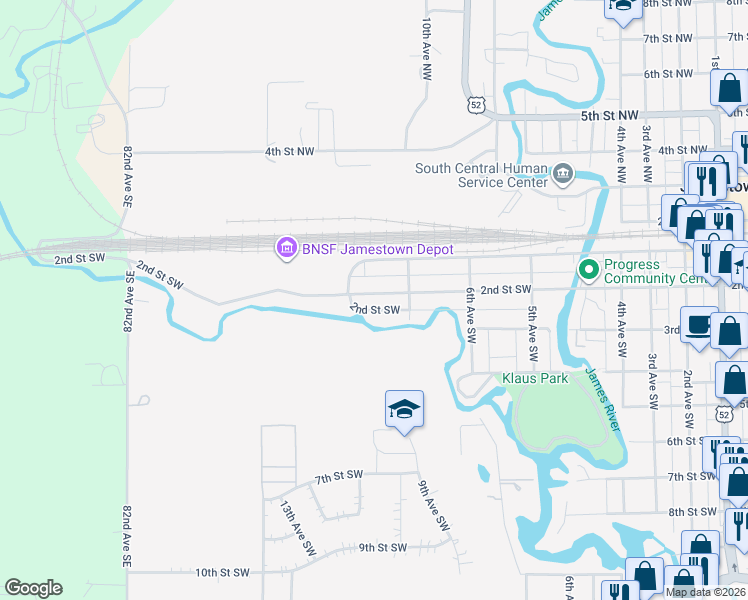 map of restaurants, bars, coffee shops, grocery stores, and more near 701-795 2nd Street Southwest in Jamestown