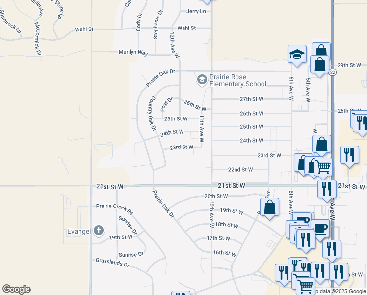 map of restaurants, bars, coffee shops, grocery stores, and more near 1197 23rd Street West in Dickinson