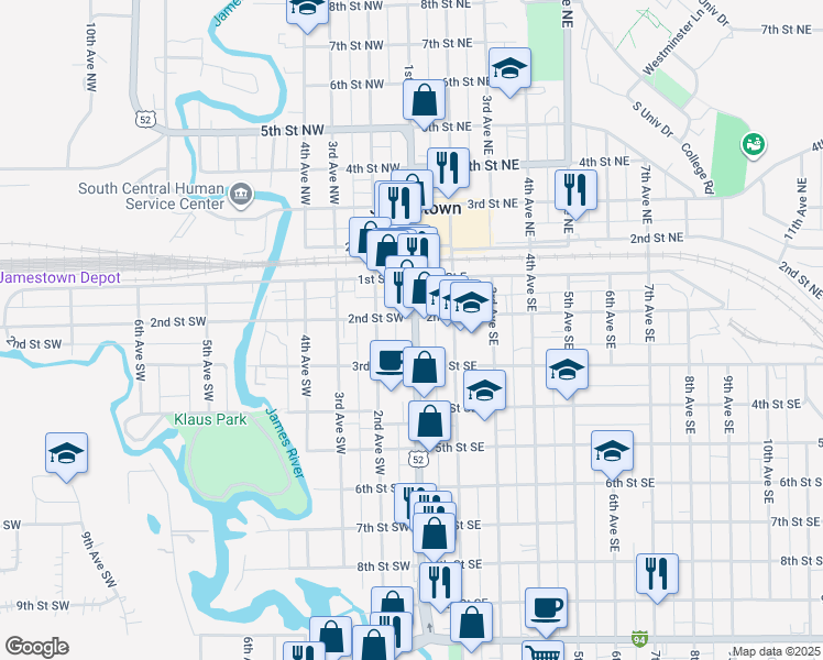 map of restaurants, bars, coffee shops, grocery stores, and more near 103 1st Avenue South in Jamestown