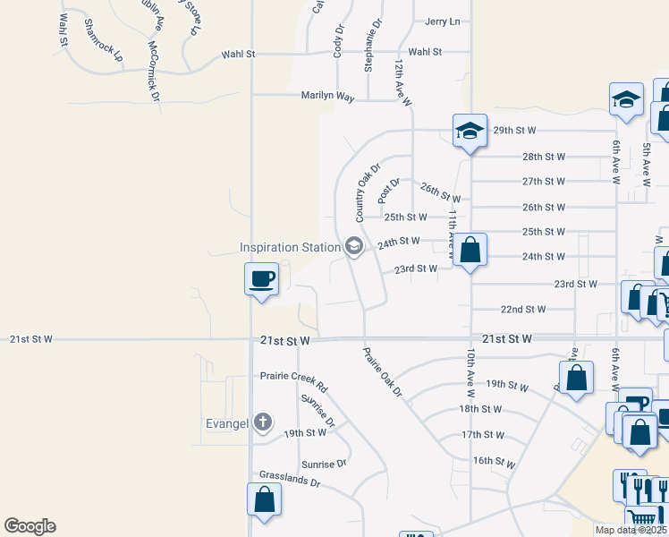 map of restaurants, bars, coffee shops, grocery stores, and more near 2429 Prairie Oak Drive in Dickinson