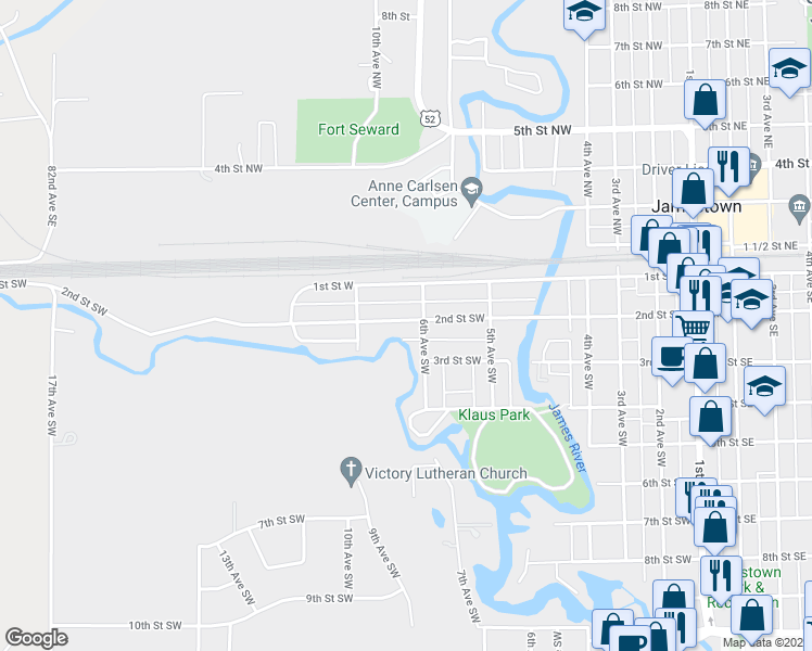 map of restaurants, bars, coffee shops, grocery stores, and more near 613 2nd Street Southwest in Jamestown