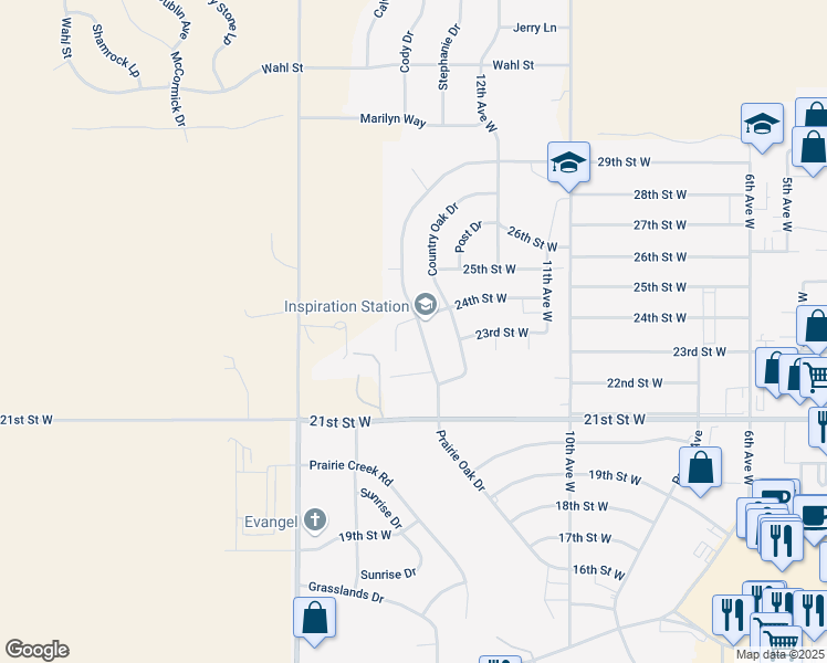 map of restaurants, bars, coffee shops, grocery stores, and more near 2429 Prairie Oak Drive in Dickinson