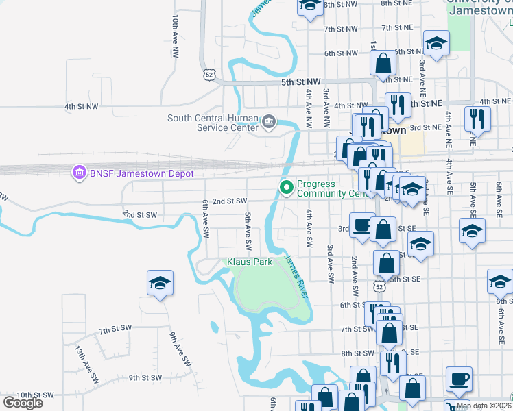 map of restaurants, bars, coffee shops, grocery stores, and more near 153-199 5th Ave SW in Jamestown