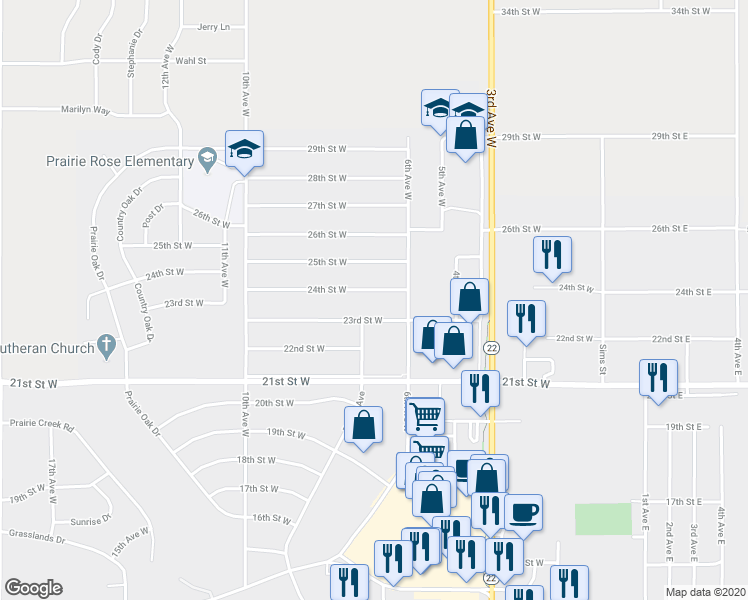 map of restaurants, bars, coffee shops, grocery stores, and more near 670 24th Street West in Dickinson