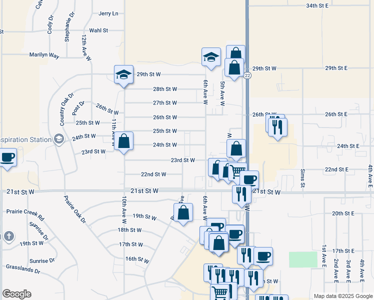 map of restaurants, bars, coffee shops, grocery stores, and more near 670 24th Street West in Dickinson