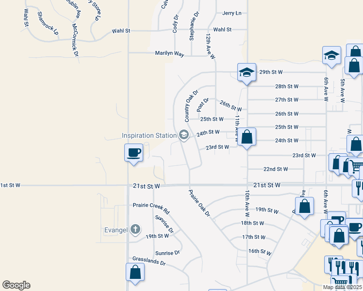 map of restaurants, bars, coffee shops, grocery stores, and more near 2457 Country Oak Drive in Dickinson