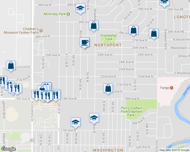 map of restaurants, bars, coffee shops, grocery stores, and more near 2201 North Broadway Drive in Fargo