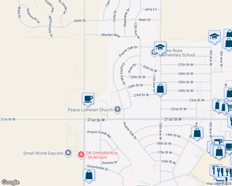 map of restaurants, bars, coffee shops, grocery stores, and more near 2429 Prairie Oak Drive in Dickinson