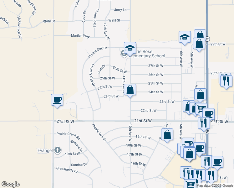 map of restaurants, bars, coffee shops, grocery stores, and more near 24th Street West in Dickinson