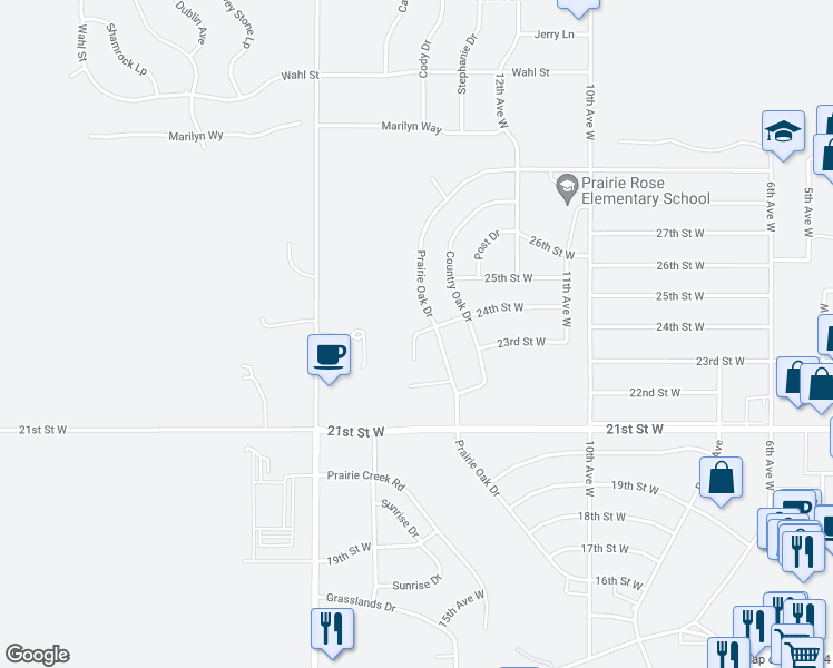 map of restaurants, bars, coffee shops, grocery stores, and more near 2618 24th Street West in Dickinson