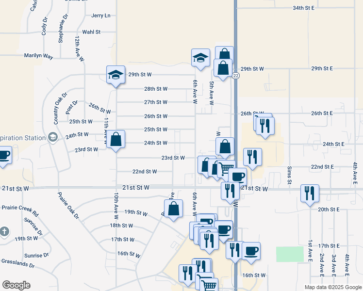 map of restaurants, bars, coffee shops, grocery stores, and more near 671 24th Street West in Dickinson