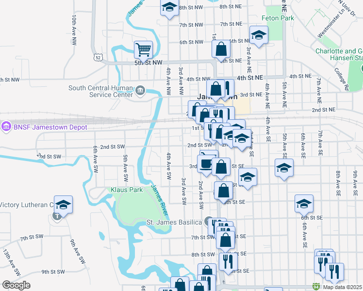map of restaurants, bars, coffee shops, grocery stores, and more near 308 2nd Street Southwest in Jamestown
