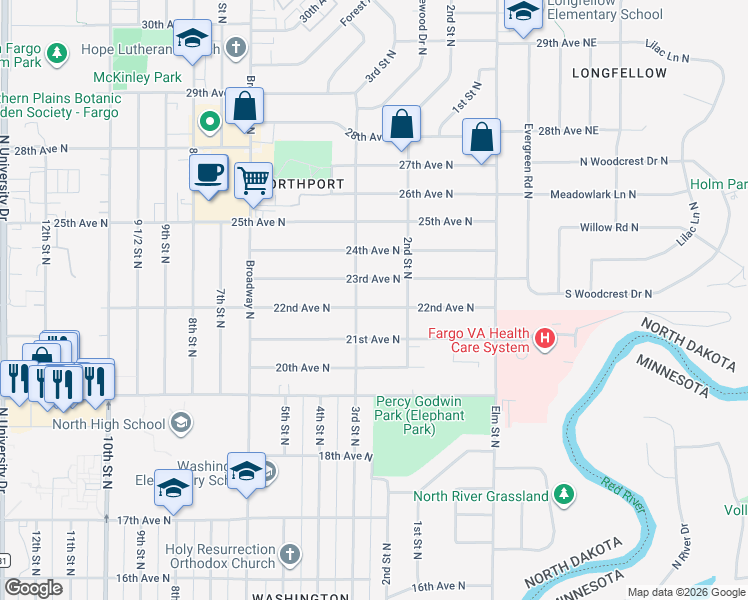 map of restaurants, bars, coffee shops, grocery stores, and more near 214 23rd Ave N in Fargo