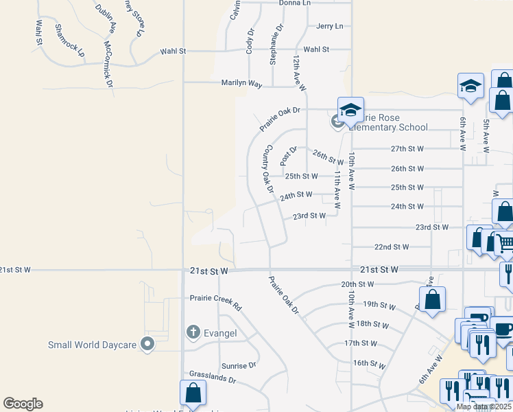 map of restaurants, bars, coffee shops, grocery stores, and more near 1300 24th Street West in Dickinson