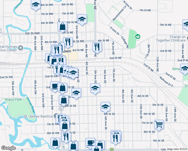map of restaurants, bars, coffee shops, grocery stores, and more near 206 5th Avenue Northeast in Jamestown