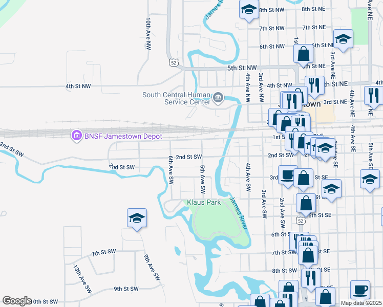 map of restaurants, bars, coffee shops, grocery stores, and more near 521 1st Street West in Jamestown