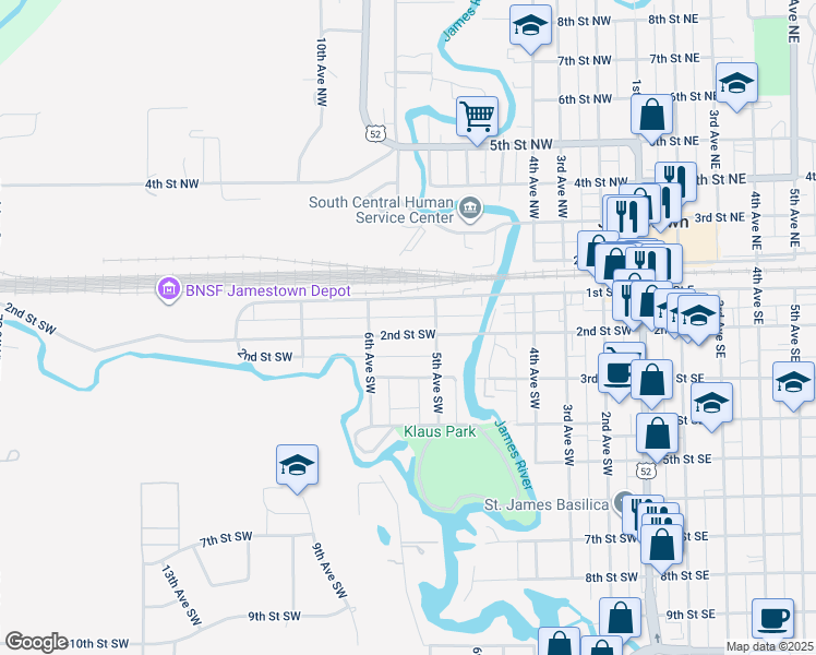 map of restaurants, bars, coffee shops, grocery stores, and more near 521 1st Street West in Jamestown