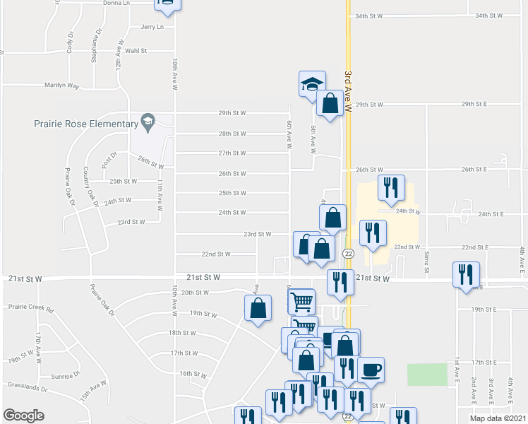 map of restaurants, bars, coffee shops, grocery stores, and more near 24th Street West in Dickinson