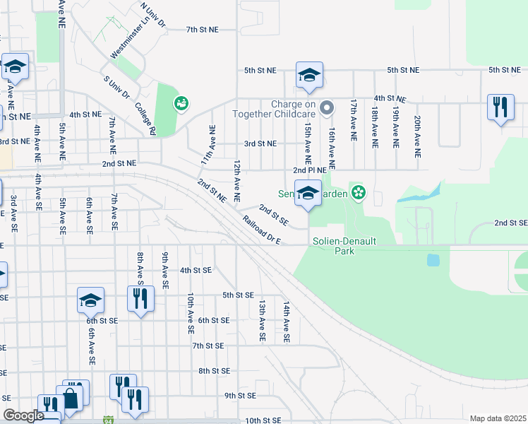 map of restaurants, bars, coffee shops, grocery stores, and more near 1313 2nd Street Southeast in Jamestown