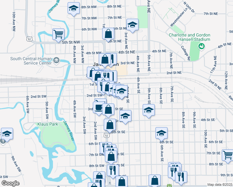 map of restaurants, bars, coffee shops, grocery stores, and more near 201 2nd Street Southeast in Jamestown