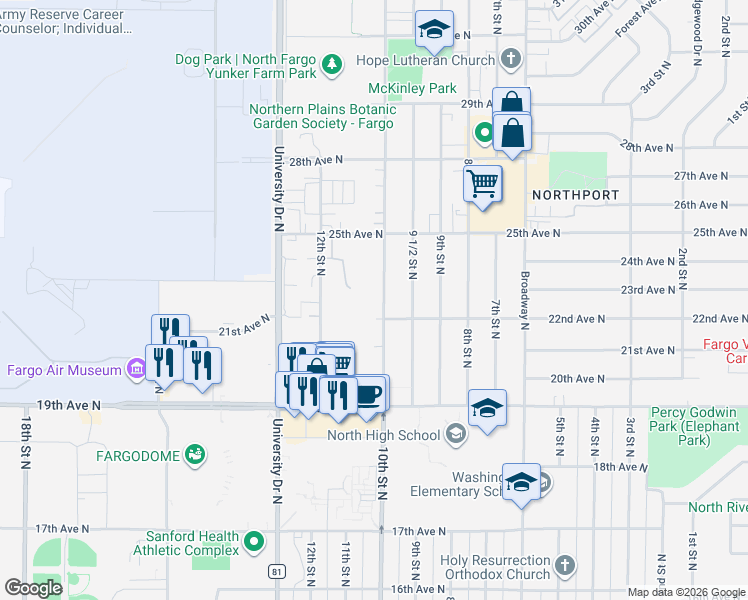 map of restaurants, bars, coffee shops, grocery stores, and more near 2210 10th Street North in Fargo