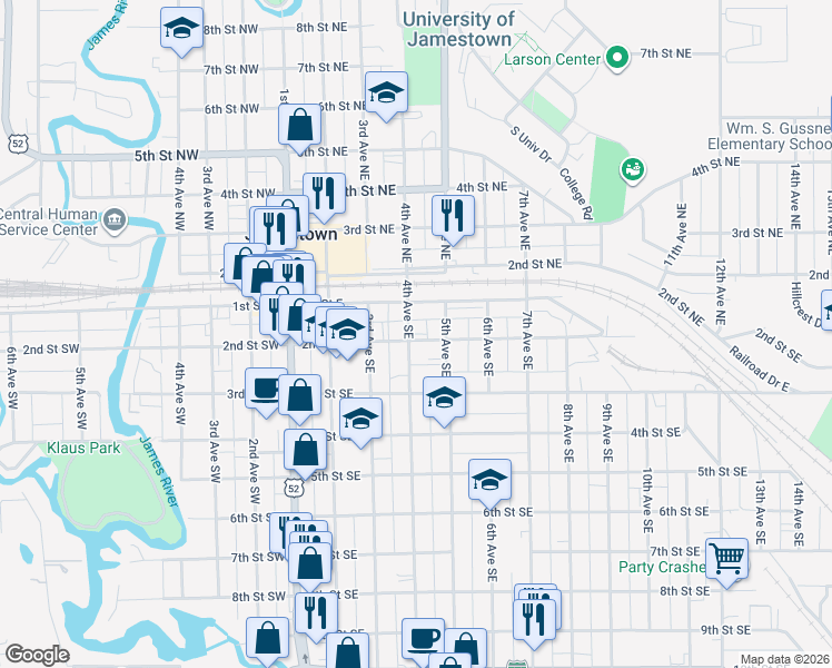 map of restaurants, bars, coffee shops, grocery stores, and more near 206 5th Avenue Northeast in Jamestown