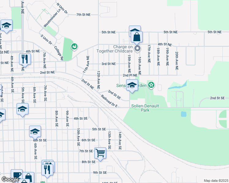 map of restaurants, bars, coffee shops, grocery stores, and more near 1313 2nd Street Southeast in Jamestown