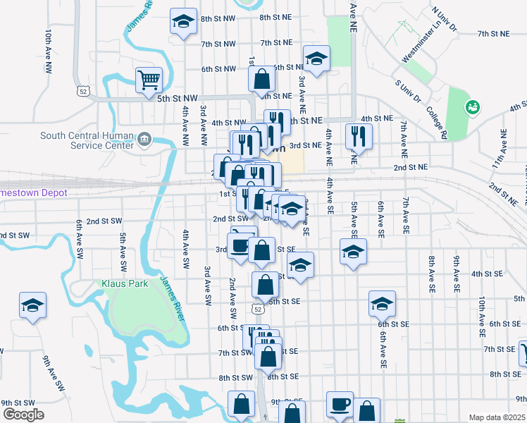 map of restaurants, bars, coffee shops, grocery stores, and more near 201 2nd Street Southeast in Jamestown