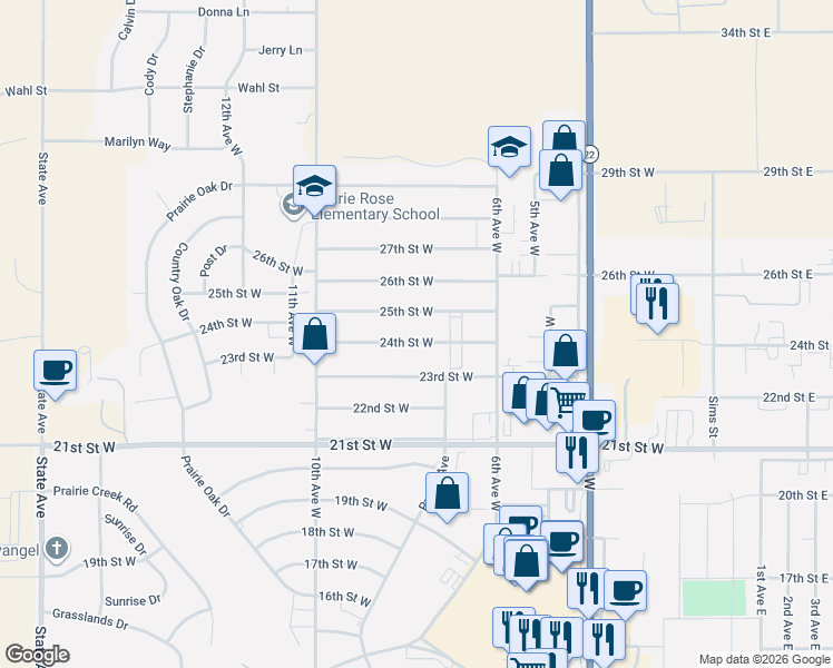 map of restaurants, bars, coffee shops, grocery stores, and more near 766 24th Street West in Dickinson