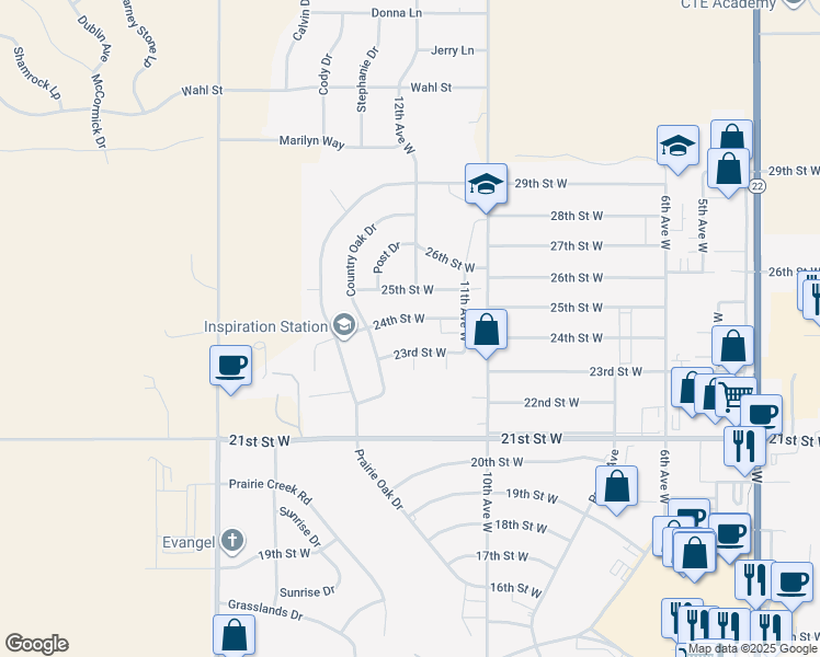 map of restaurants, bars, coffee shops, grocery stores, and more near 24th Street West in Dickinson
