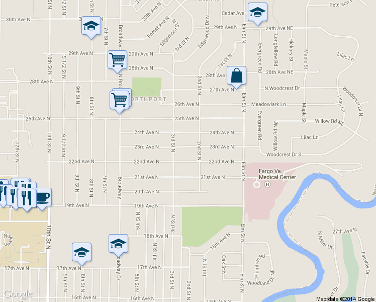 map of restaurants, bars, coffee shops, grocery stores, and more near 214 23rd Ave N in Fargo