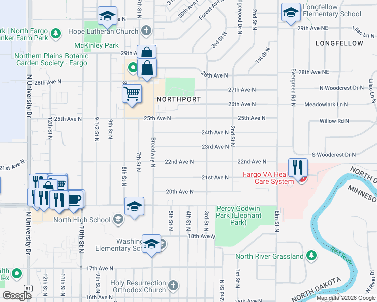 map of restaurants, bars, coffee shops, grocery stores, and more near 322 23rd Ave N in Fargo
