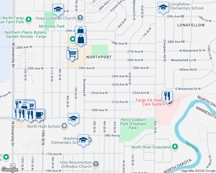 map of restaurants, bars, coffee shops, grocery stores, and more near 322 23rd Avenue North in Fargo