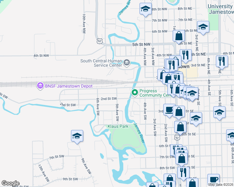 map of restaurants, bars, coffee shops, grocery stores, and more near 153 5th Avenue Southwest in Jamestown