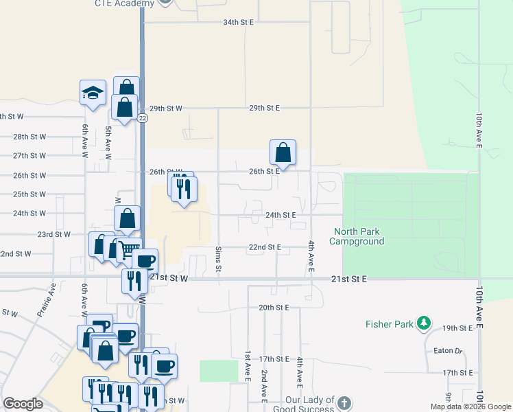 map of restaurants, bars, coffee shops, grocery stores, and more near 193 24th Street East in Dickinson