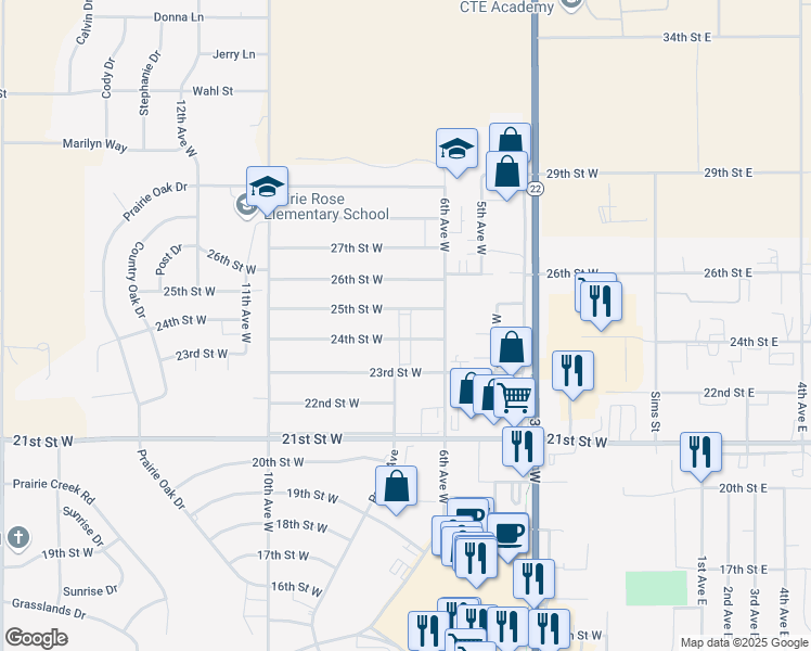 map of restaurants, bars, coffee shops, grocery stores, and more near 670 24th Street West in Dickinson