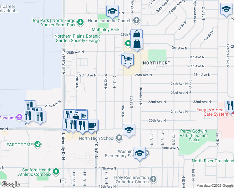 map of restaurants, bars, coffee shops, grocery stores, and more near 2213 9th St N in Fargo