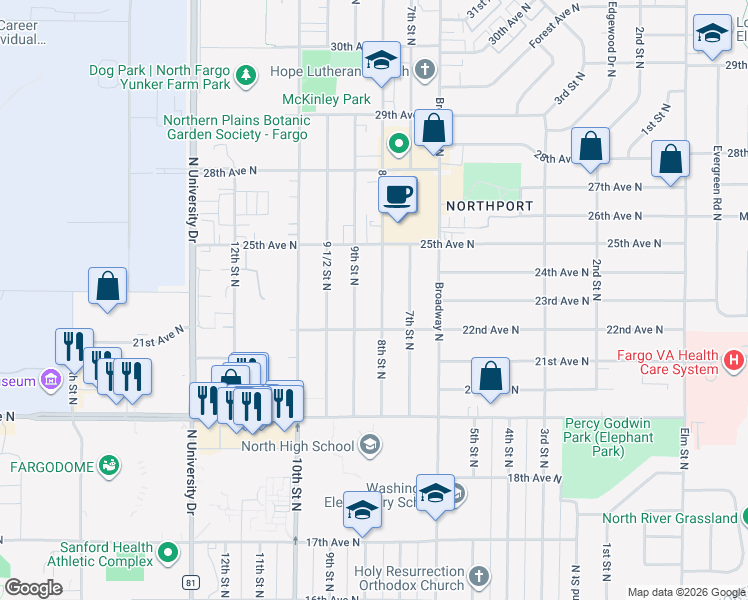 map of restaurants, bars, coffee shops, grocery stores, and more near 2213 9th Street North in Fargo