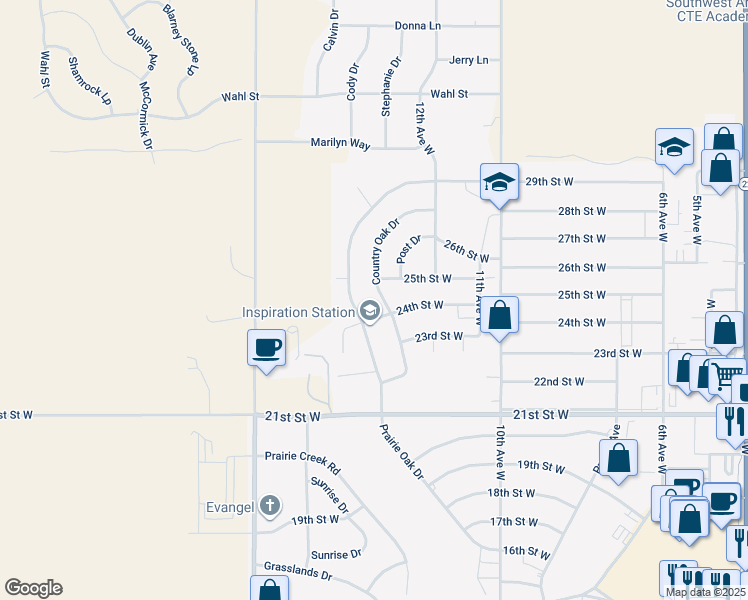 map of restaurants, bars, coffee shops, grocery stores, and more near 2457 Country Oak Drive in Dickinson