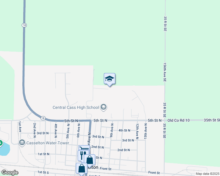 map of restaurants, bars, coffee shops, grocery stores, and more near 802 5th Street North in Casselton