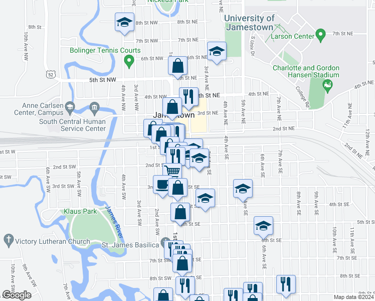 map of restaurants, bars, coffee shops, grocery stores, and more near 124 1st Street East in Jamestown