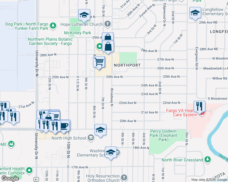 map of restaurants, bars, coffee shops, grocery stores, and more near 2214 Broadway North in Fargo