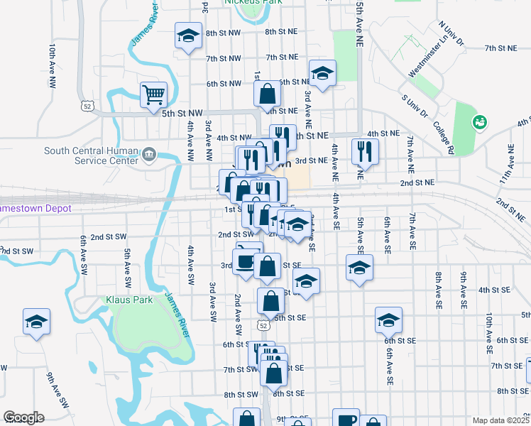 map of restaurants, bars, coffee shops, grocery stores, and more near 103 1st Avenue South in Jamestown