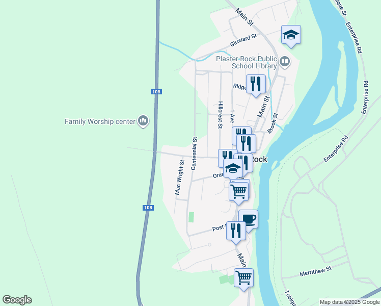 map of restaurants, bars, coffee shops, grocery stores, and more near 88 Fraser Street in Plaster Rock
