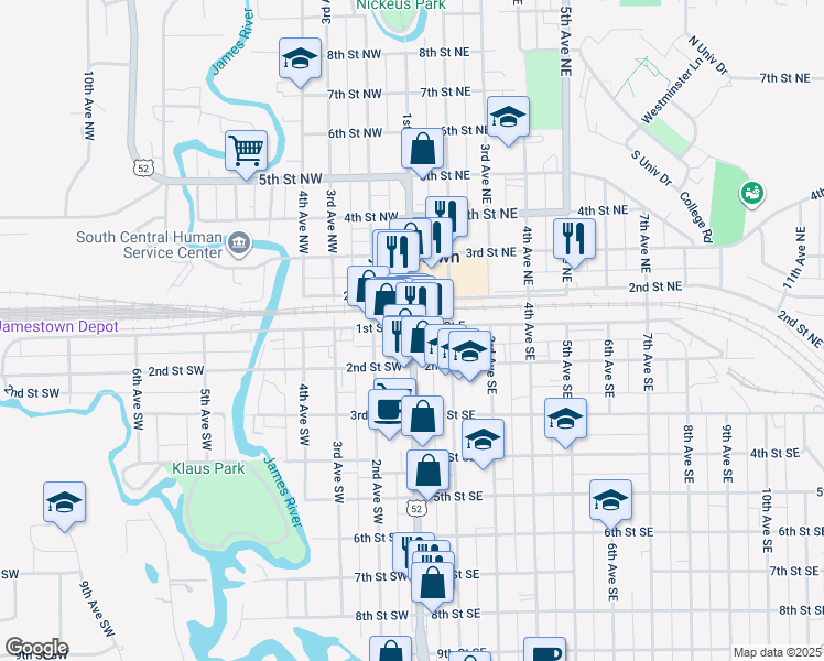 map of restaurants, bars, coffee shops, grocery stores, and more near 103 1st Avenue South in Jamestown