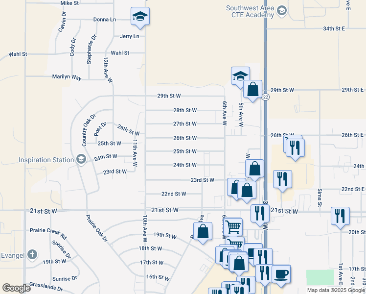 map of restaurants, bars, coffee shops, grocery stores, and more near 600-602 26th Street West in Dickinson
